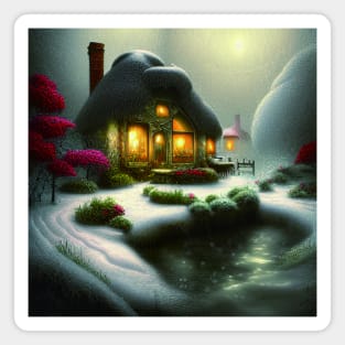 Sparkling Fantasy Cottage with Lights and Glitter Background in Snowy Scene, Scenery Nature Magnet